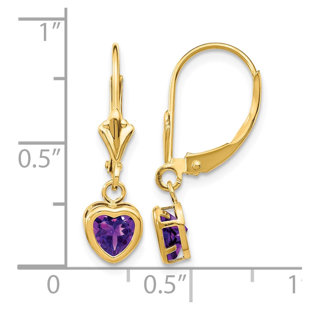 14k 5mm Heart Amethyst Bezel Leverback Dangle Earrings