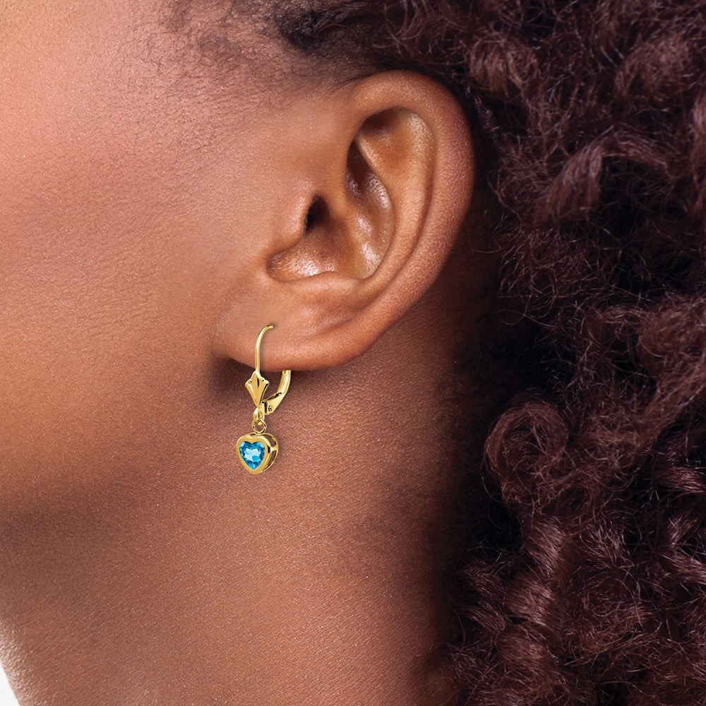 14k 5mm Heart Blue Topaz Bezel Leverback Dangle Earrings