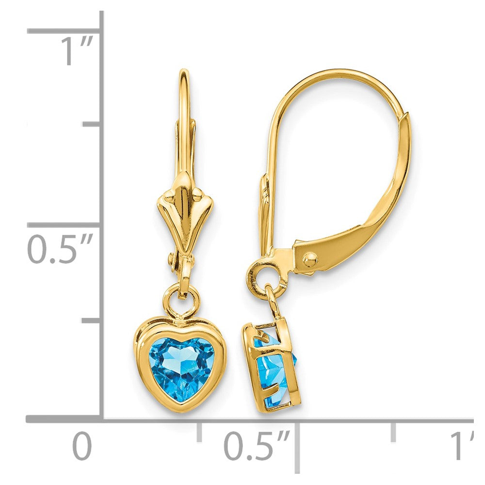 14k 5mm Heart Blue Topaz Bezel Leverback Dangle Earrings