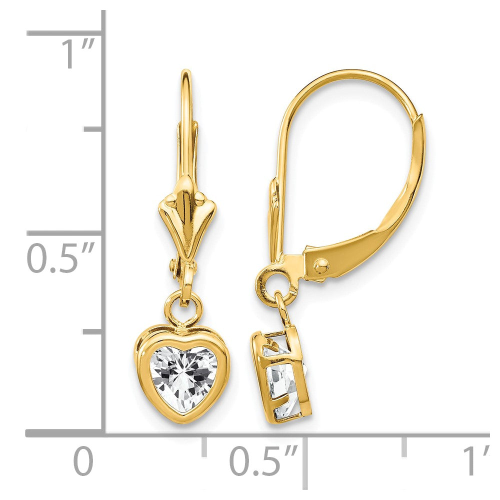 14k 5mm Heart Cubic Zirconia Bezel Leverback Dangle Earrings