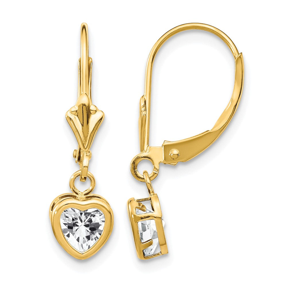 14k 5mm Heart Cubic Zirconia Bezel Leverback Dangle Earrings