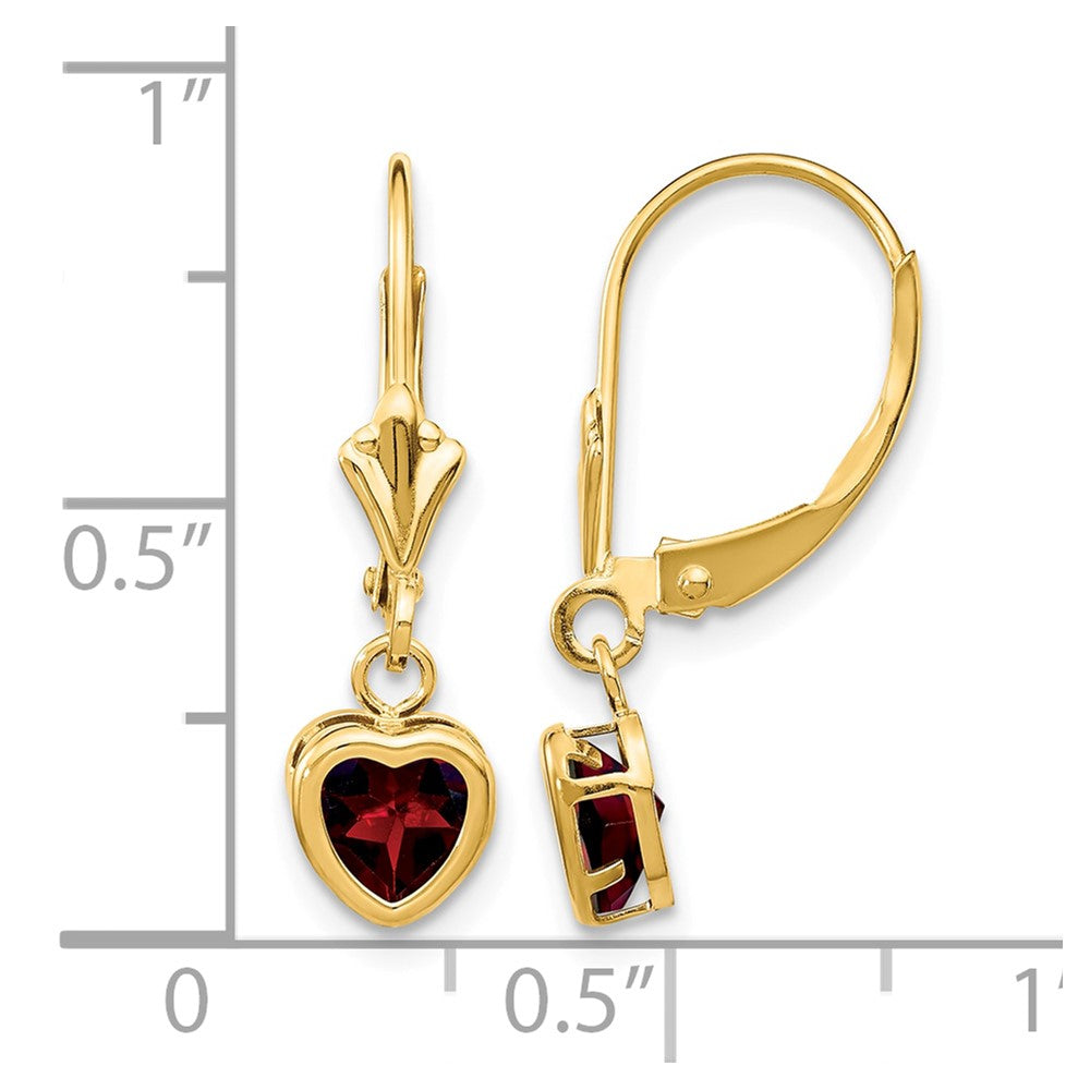 14k 5mm Heart Garnet Bezel Leverback Dangle Earrings