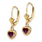 14k 5mm Heart Rhodolite Garnet Bezel Leverback Dangle Earrings