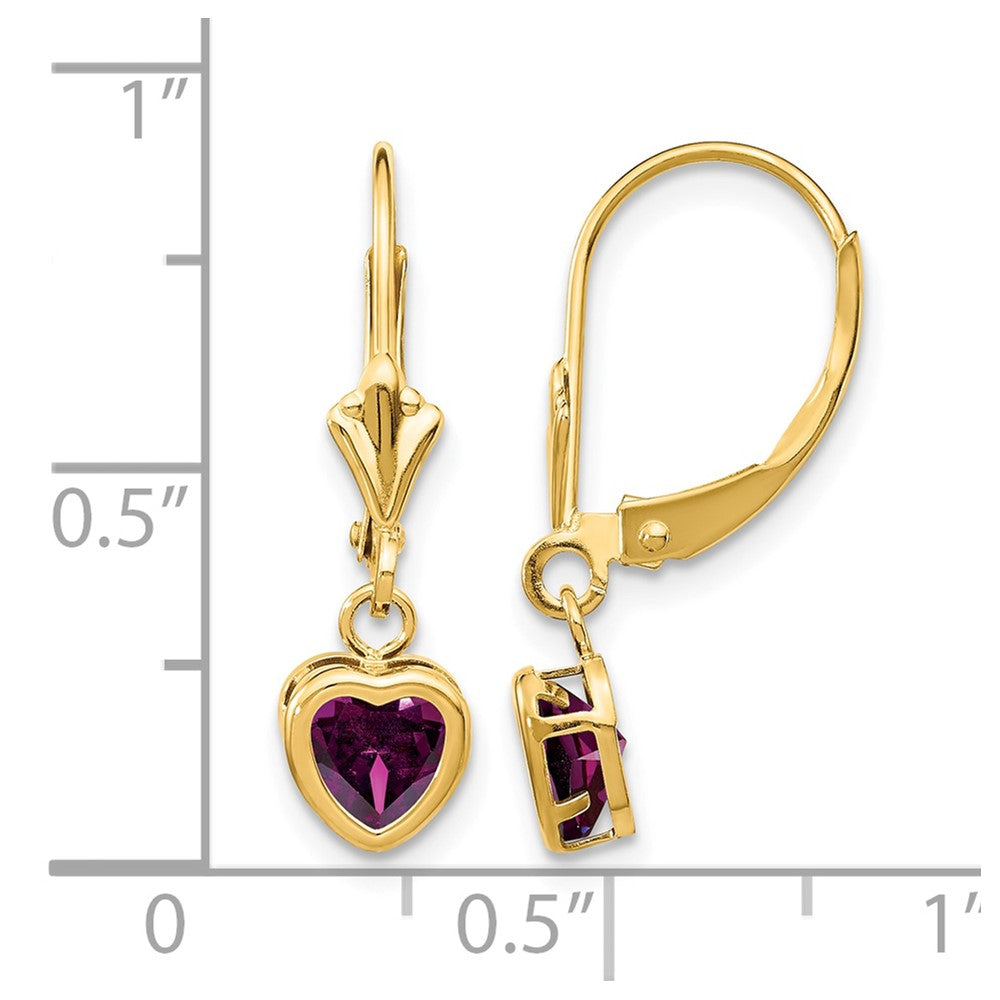 14k 5mm Heart Rhodolite Garnet Bezel Leverback Dangle Earrings
