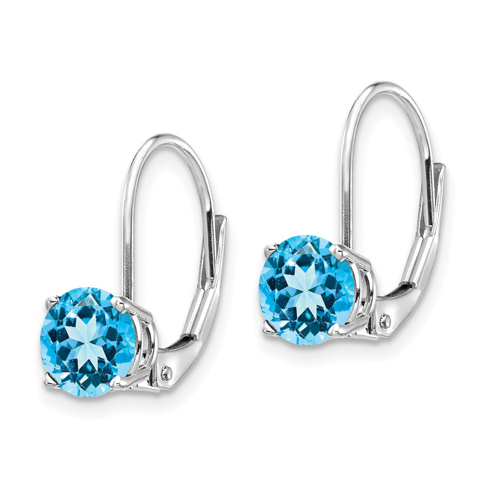 14k White Gold 6mm Round Blue Topaz Leverback Earrings