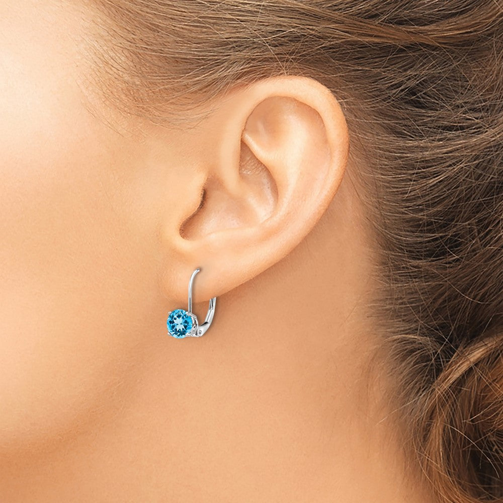 14k White Gold 6mm Round Blue Topaz Leverback Earrings