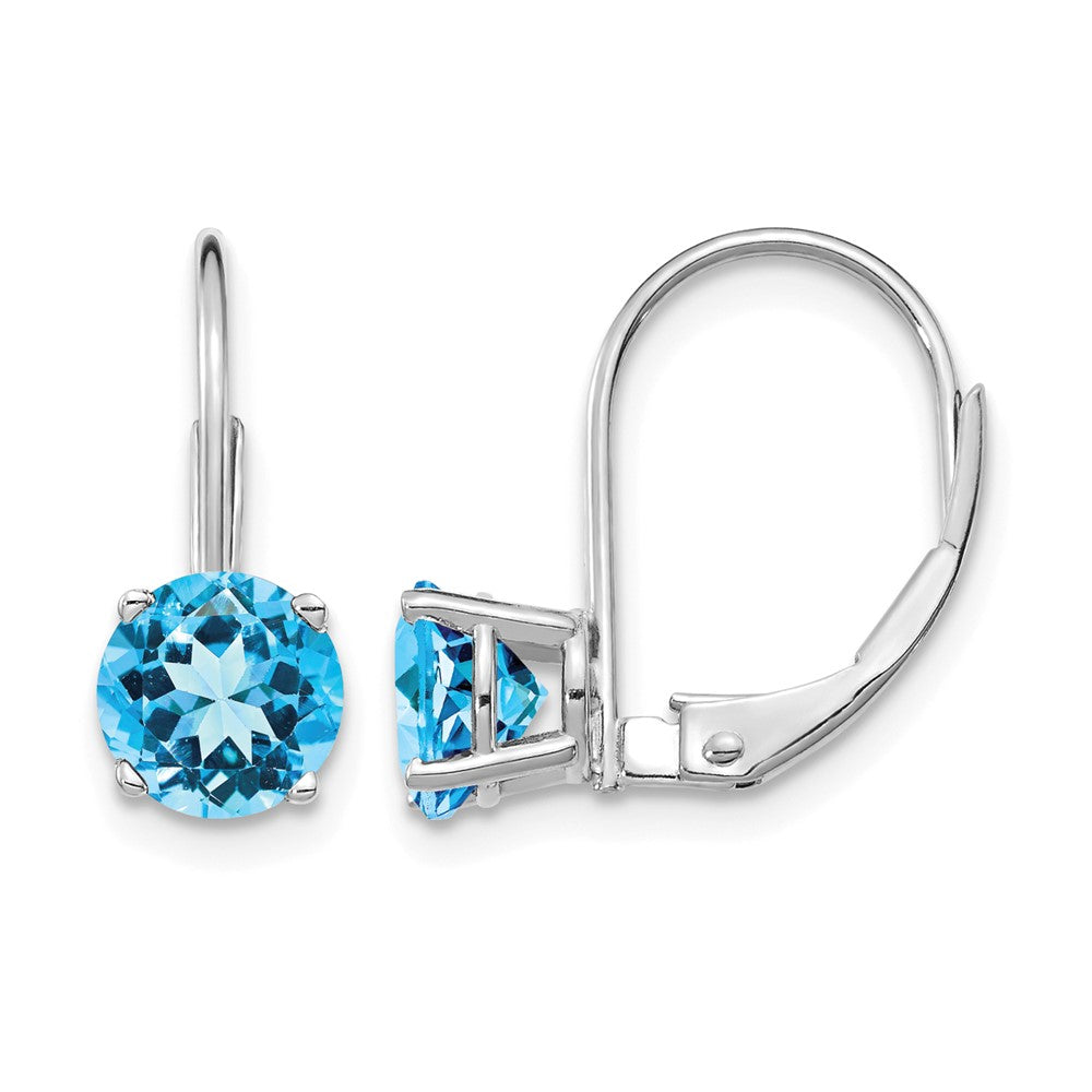 14k White Gold 6mm Round Blue Topaz Leverback Earrings