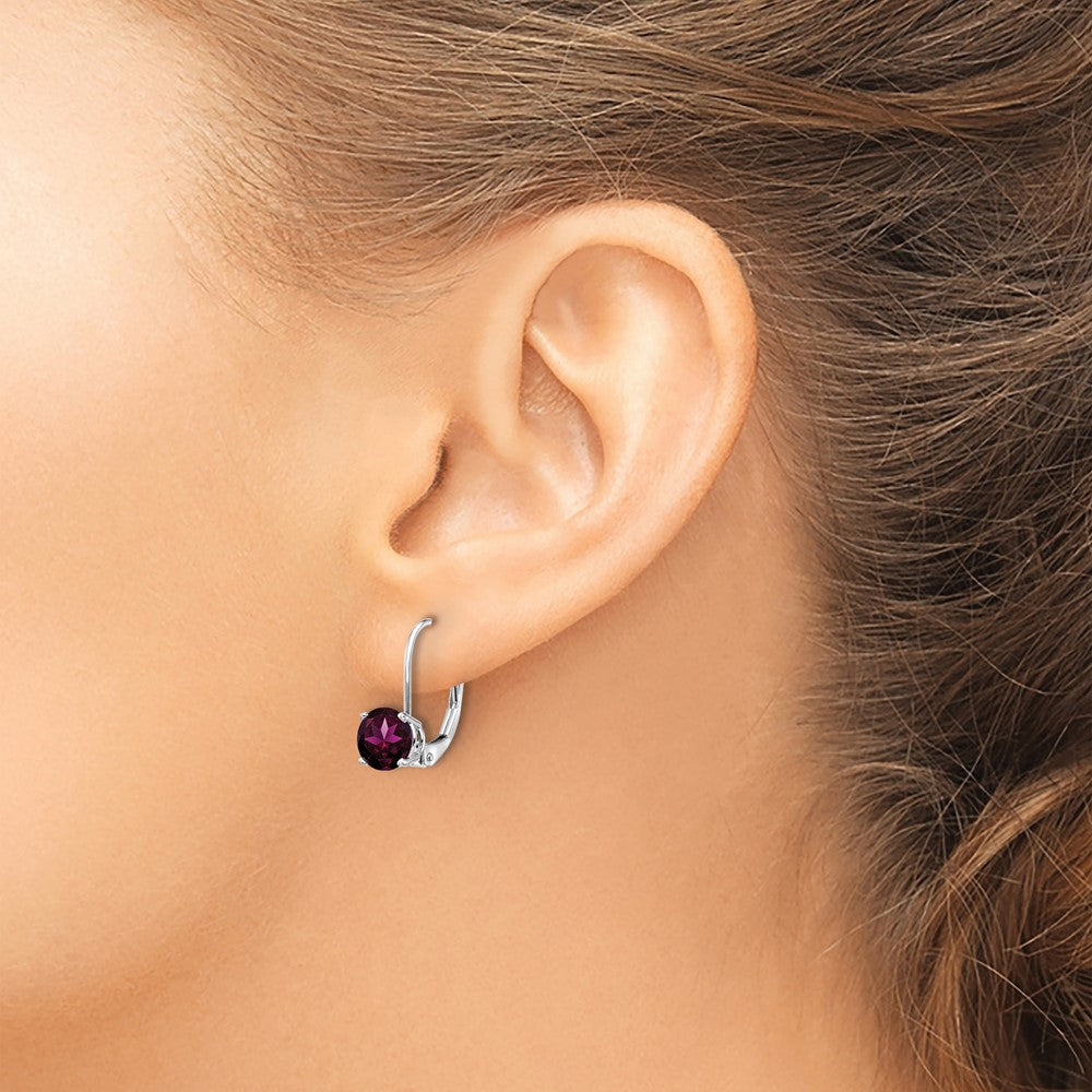 14k White Gold 6mm Round Rhodolite Garnet Leverback Earrings