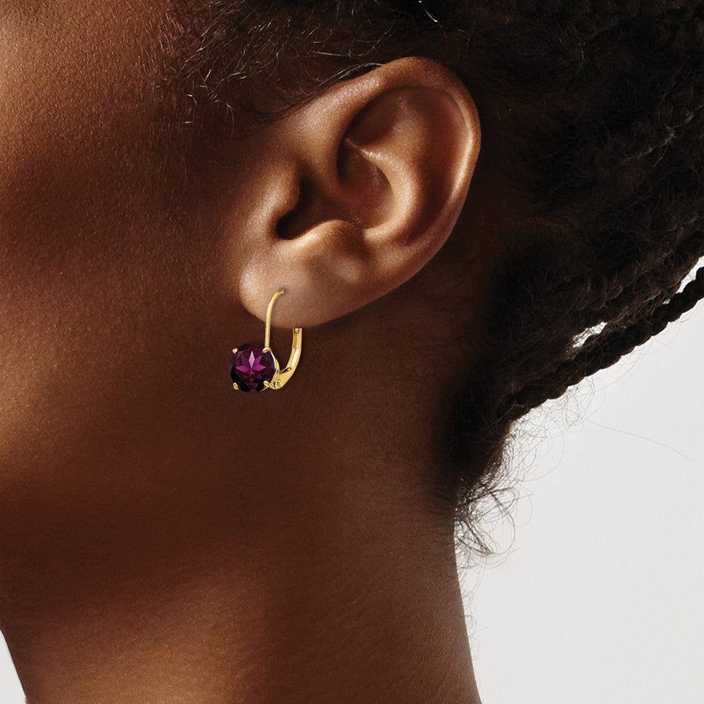 14k 7mm Round Rhodolite Garnet Leverback Earrings