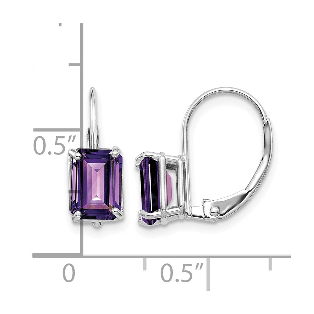 14k White Gold 7x5mm Emerald-cut Amethyst Leverback Earrings