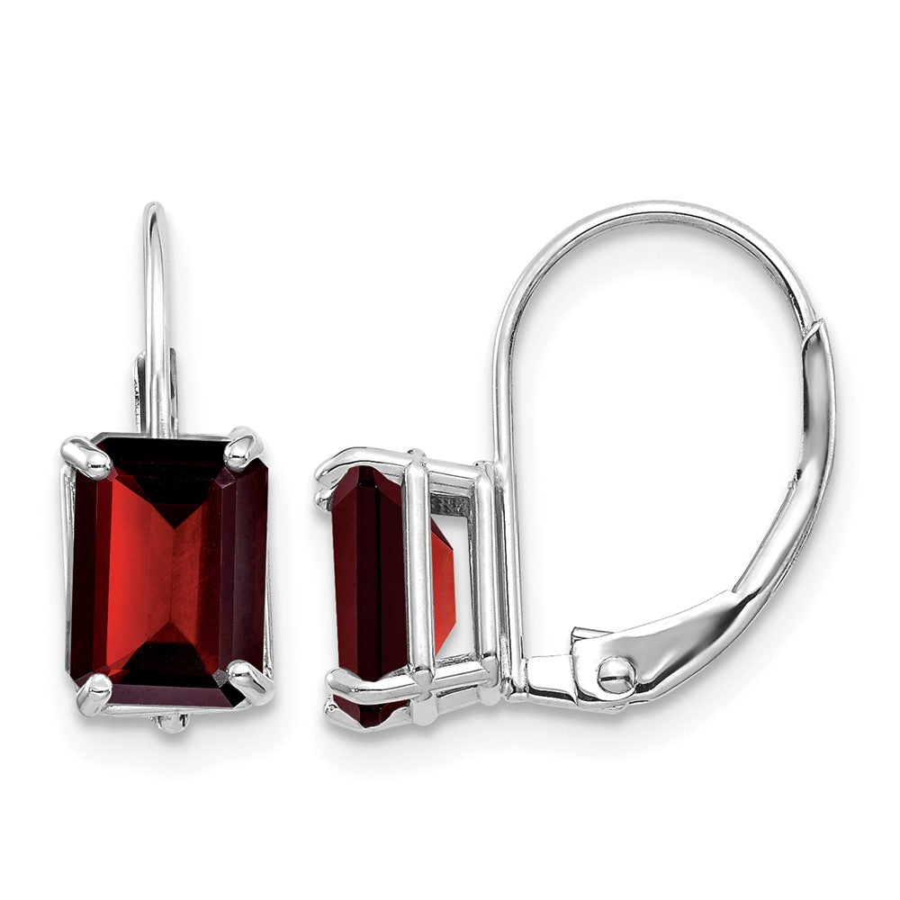 14k White Gold 7x5mm Emerald-Cut Garnet Leverback Earrings