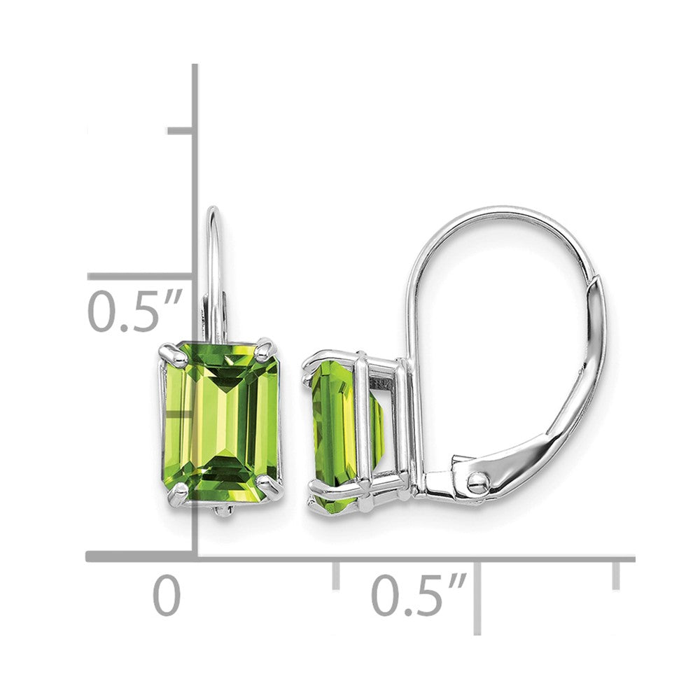 14k White Gold 7x5mm Emerald-cut Peridot Leverback Earrings