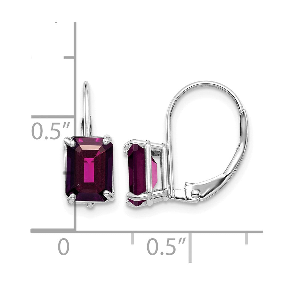14k White Gold 7x4 Emerald-cut Rhodolite Garnet Leverback Earrings
