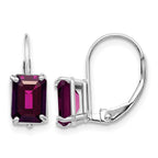 14k White Gold 7x4 Emerald-cut Rhodolite Garnet Leverback Earrings