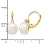 14k 10-11mm White Button Freshwater Cultured Pearl and .10 Carat Diamond Leverback Earrings