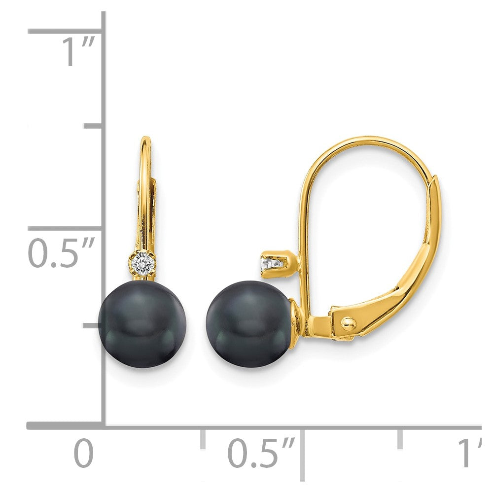 14k 5-6mm Black Near-Round Freshwater Cultured Pearl and .03 carat AA Diamond Leverback Earrings
