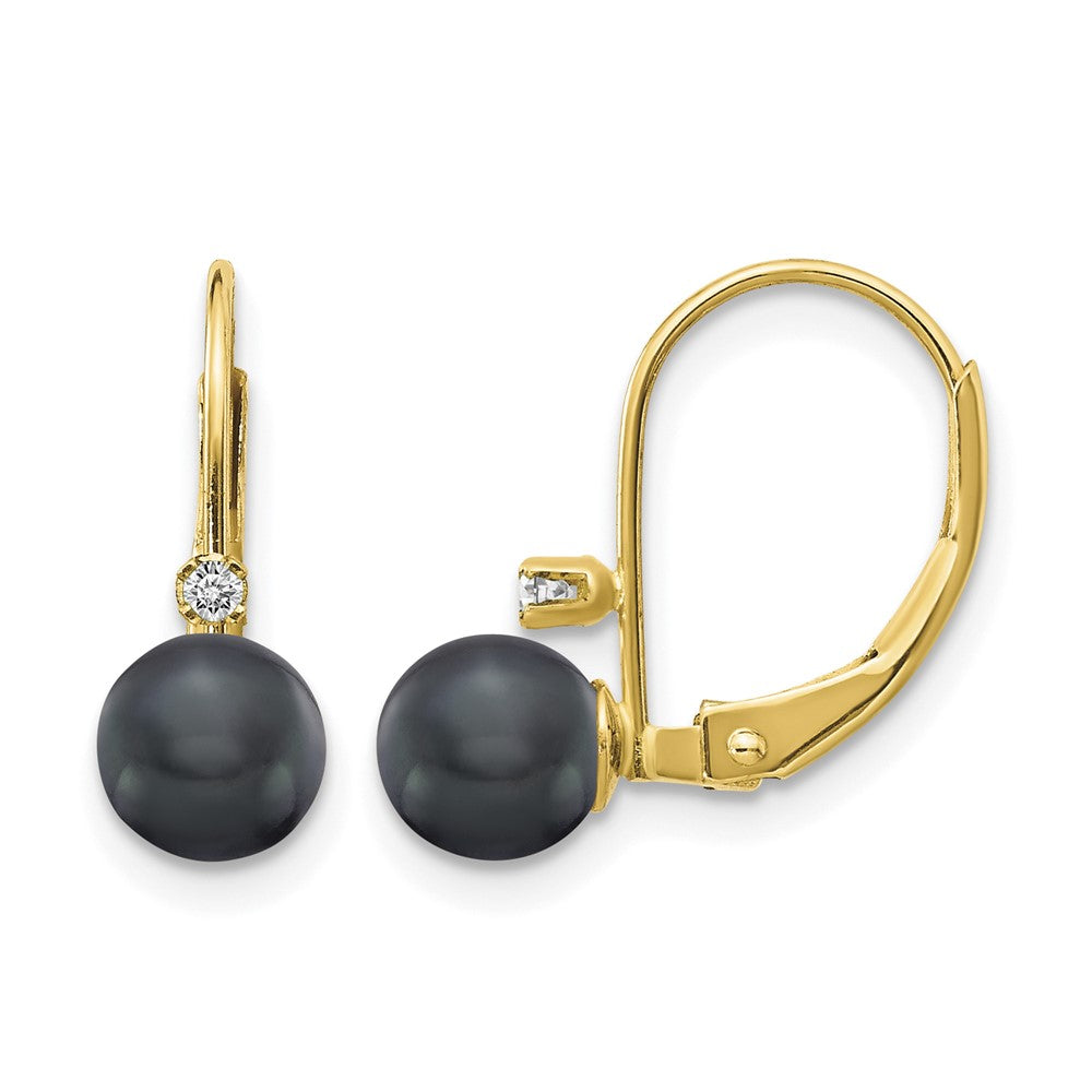 14k 5-6mm Black Near-Round Freshwater Cultured Pearl and .03 carat AA Diamond Leverback Earrings