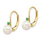14k 5-5.5mm White Round Freshwater Cultured Pearl and .03EM Emerald Leverback Earrings