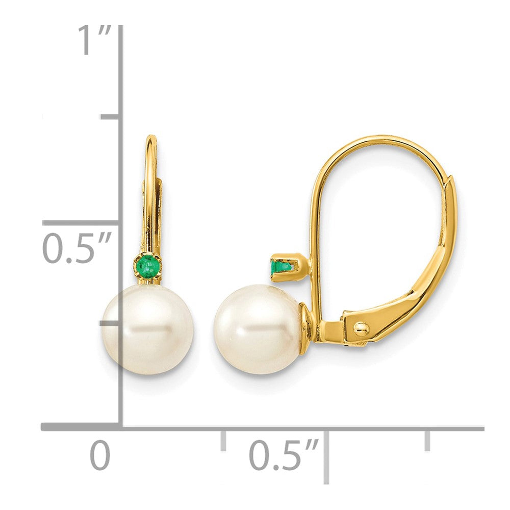 14k 5-5.5mm White Round Freshwater Cultured Pearl and .03EM Emerald Leverback Earrings