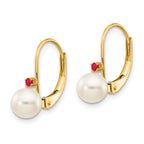 14k 5-5.5mm White Round Freshwater Cultured Pearl and .04RU Ruby Leverback Earrings
