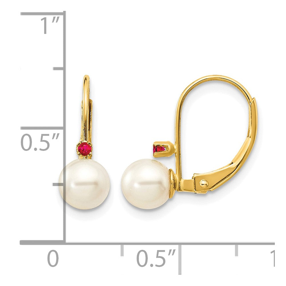 14k 5-5.5mm White Round Freshwater Cultured Pearl and .04RU Ruby Leverback Earrings