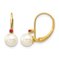 14k 5-5.5mm White Round Freshwater Cultured Pearl and .04RU Ruby Leverback Earrings