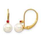 14k 5-5.5mm White Round Freshwater Cultured Pearl and .04RU Ruby Leverback Earrings