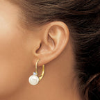 14k 6-7mm White Near-Round Freshwater Cultured Pearl and .11 carat AA Diamond Leverback Earrings