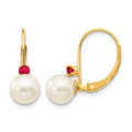 14k 6-6.5mm White Round Freshwater Cultured Pearl and .18RU Ruby Leverback Earrings