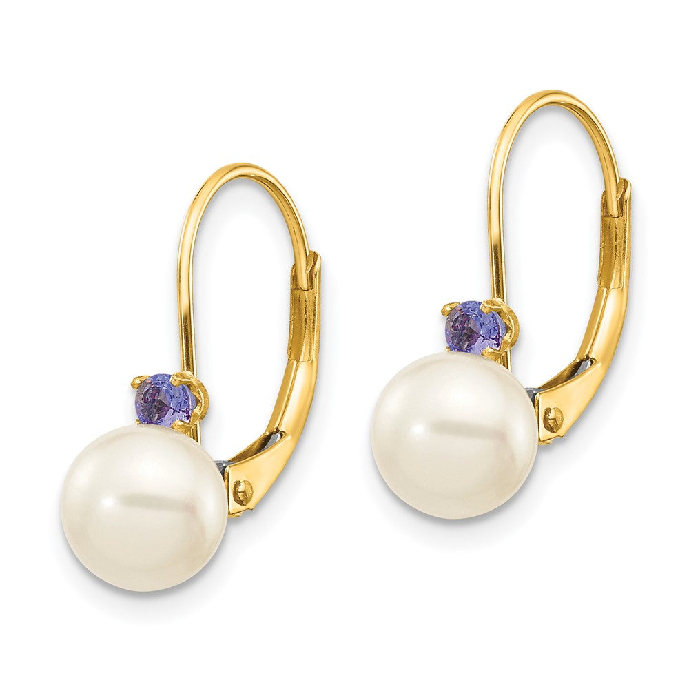 14k 6-6.5mm White Round Freshwater Cultured Pearl and .14TZ Tanzanite Leverback Earrings