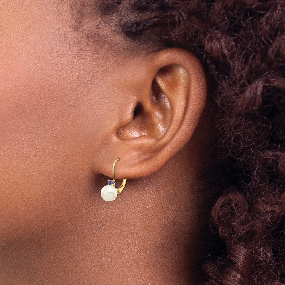 14k 6-6.5mm White Round Freshwater Cultured Pearl and .14TZ Tanzanite Leverback Earrings
