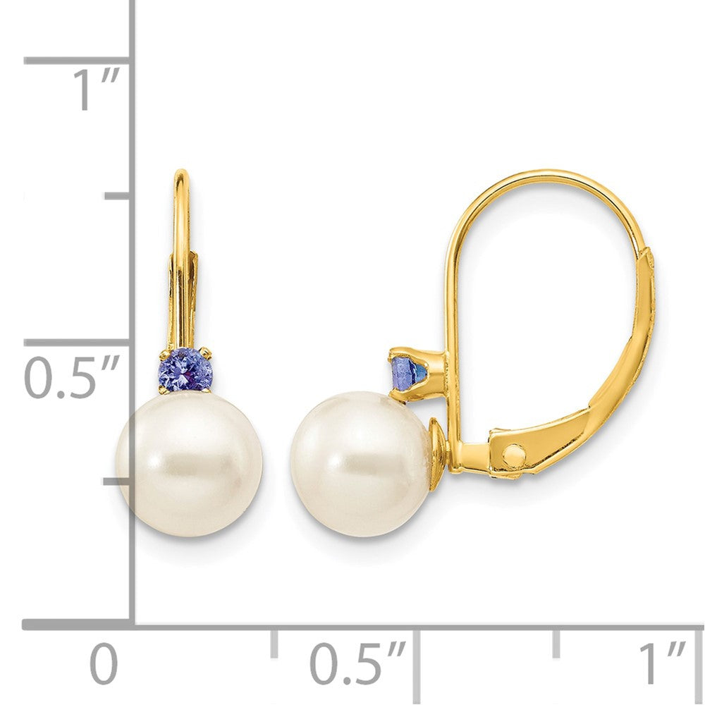 14k 6-6.5mm White Round Freshwater Cultured Pearl and .14TZ Tanzanite Leverback Earrings