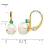 14k 7-7.5mm White Round Freshwater Cultured Pearl and .18EM Emerald Leverback Earrings