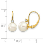 14k 7-8mm White Near-Round Freshwater Cultured Pearl and .17 carat AA Diamond Leverback Earrings