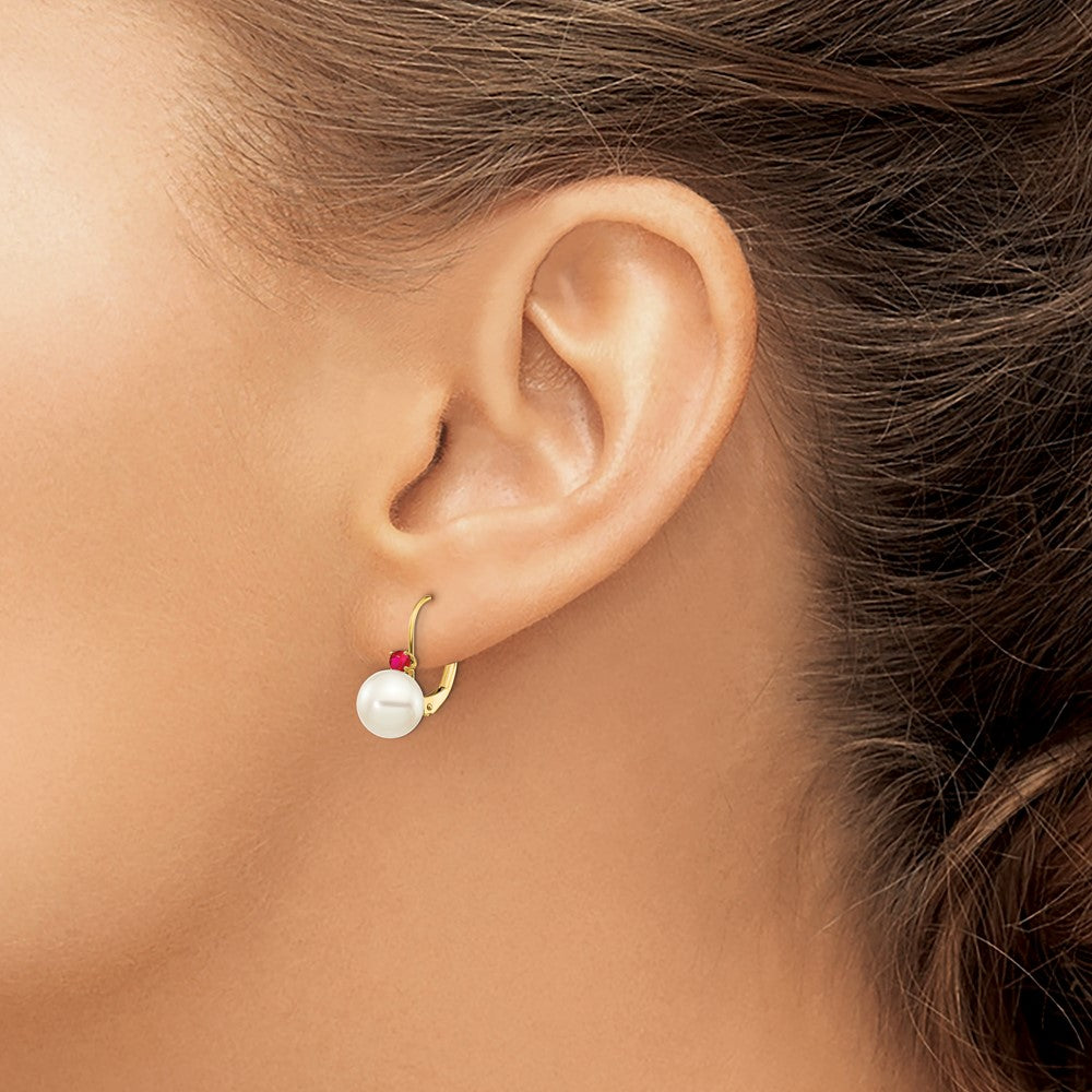14k 7-7.5mm White Round Freshwater Cultured Pearl and .24RU Ruby Leverback Earrings