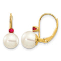 14k 7-7.5mm White Round Freshwater Cultured Pearl and .24RU Ruby Leverback Earrings