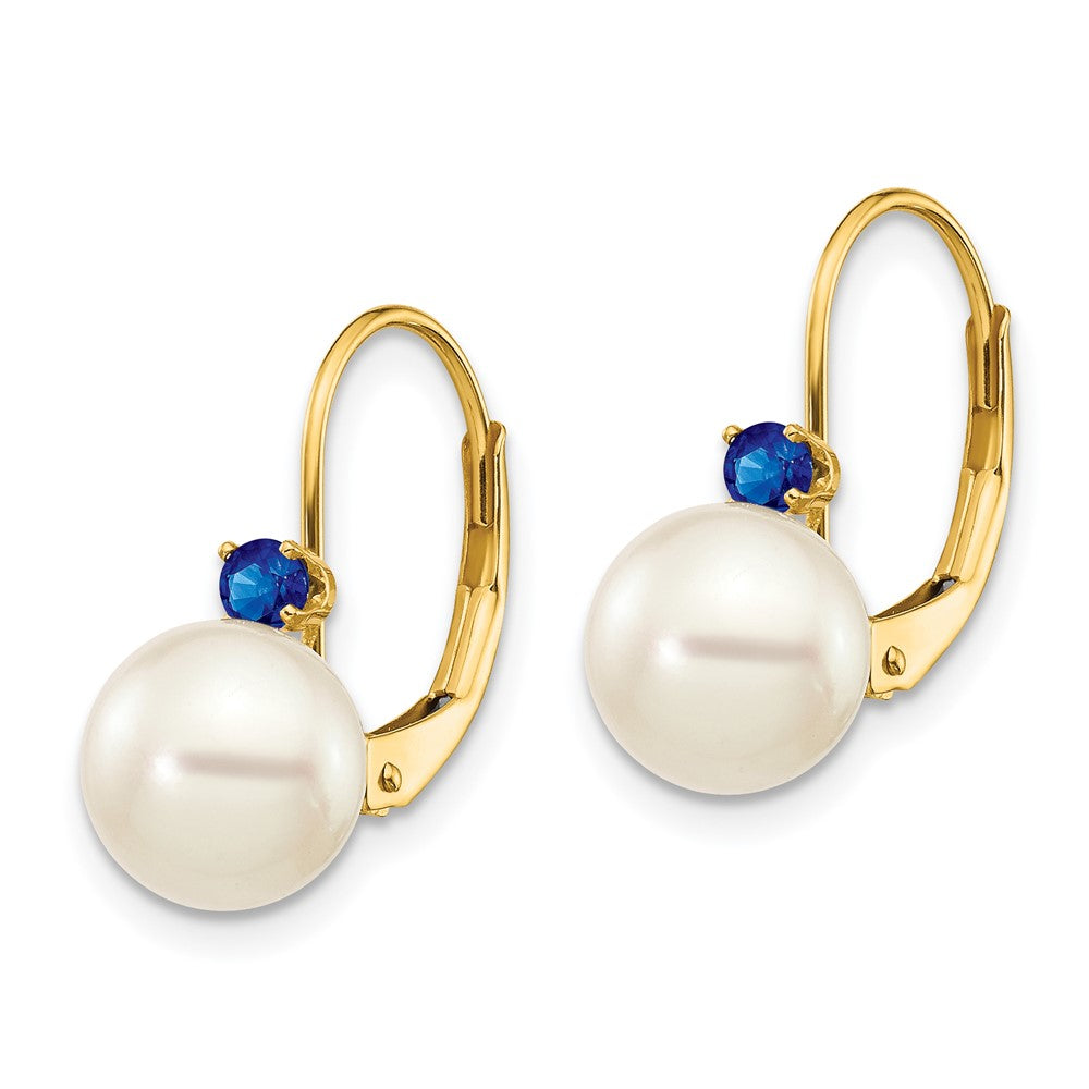 14k 7-7.5mm White Round Freshwater Cultured Pearl and .26SA Sapphire Leverback Earrings