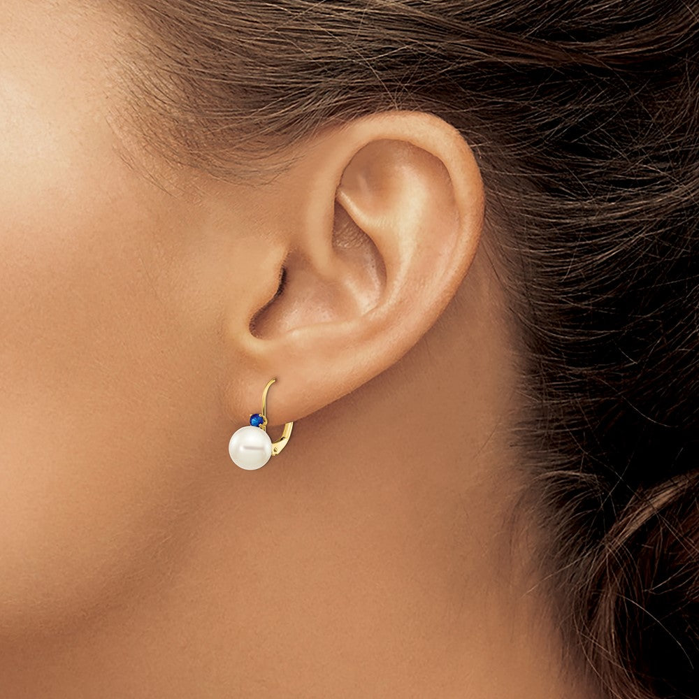 14k 7-7.5mm White Round Freshwater Cultured Pearl and .26SA Sapphire Leverback Earrings