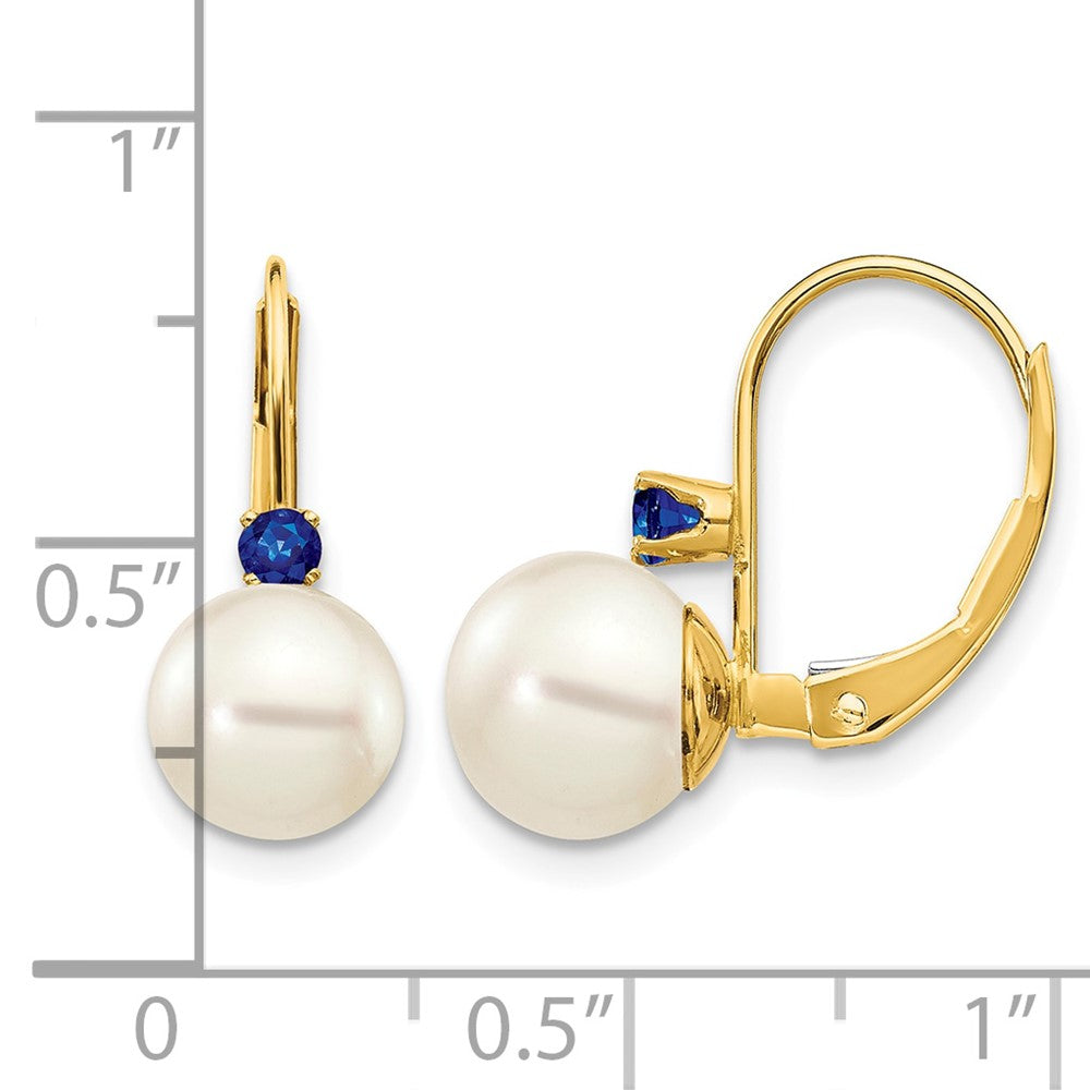 14k 7-7.5mm White Round Freshwater Cultured Pearl and .26SA Sapphire Leverback Earrings