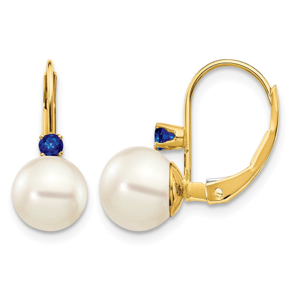 14k 7-7.5mm White Round Freshwater Cultured Pearl and .26SA Sapphire Leverback Earrings