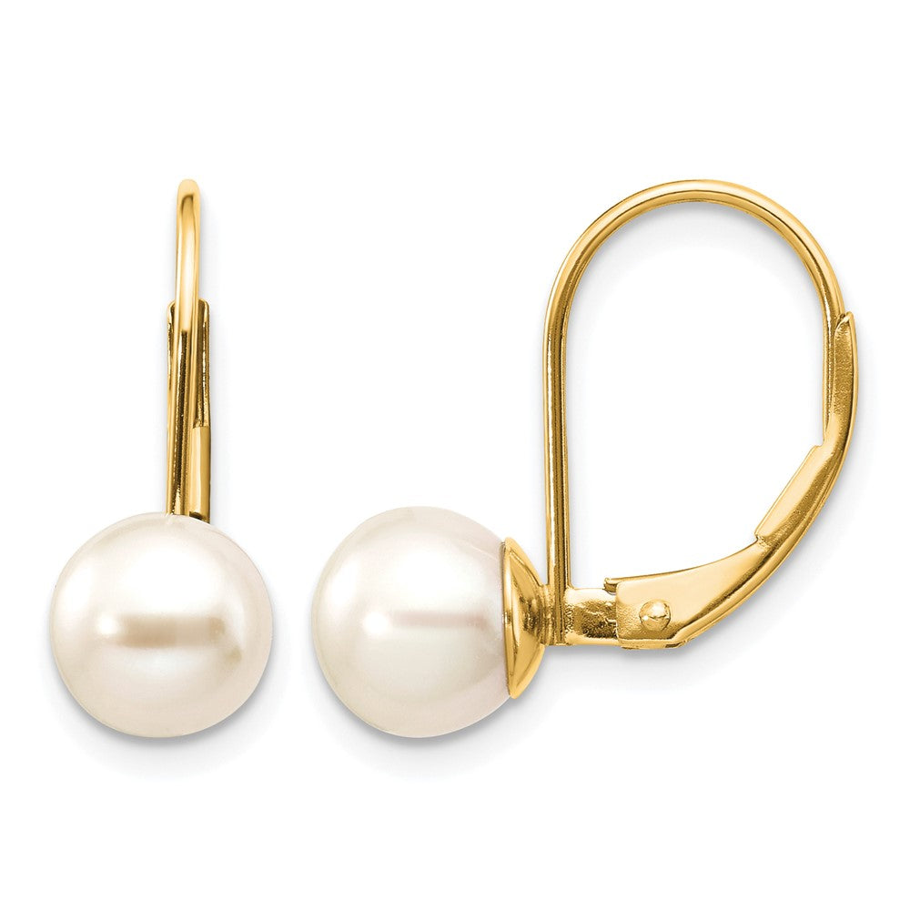 14k 7-8mm White Round Freshwater Cultured Pearl Leverback Earrings