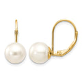 14k 8-9mm White Round Freshwater Cultured Pearl Leverback Earrings