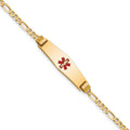 14K Medical Solid Chain/Solid Plate 24x7mm Soft Diamond Shape Centered Red Enamel Figaro Link 8 inch ID Bracelet