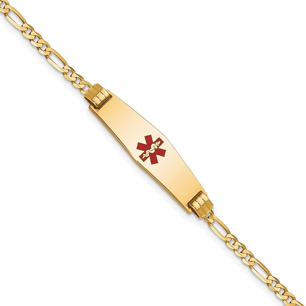 14K Medical Solid Chain/Solid Plate 24x7mm Soft Diamond Shape Centered Red Enamel Figaro Link 8 inch ID Bracelet