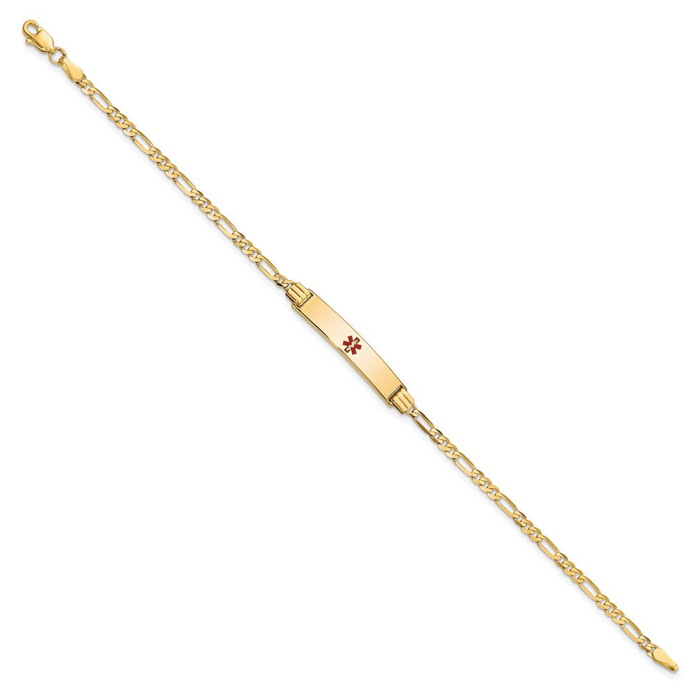 14K Medical Solid Chain/Solid Plate 26x5mm Centered Red Enamel Figaro Link 8 inch ID Bracelet