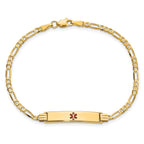 14K Medical Solid Chain/Solid Plate 26x5mm Centered Red Enamel Figaro Link 8 inch ID Bracelet