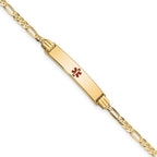 14K Medical Solid Chain/Solid Plate 26x5mm Centered Red Enamel Figaro Link 7 inch ID Bracelet