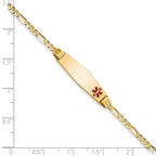 14K Medical Solid Chain/Solid Plate 26x7mm Soft Diamond Shape Off-Center Red Enamel Figaro Link 8 inch ID Bracelet