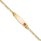 14K Medical Solid Chain/Solid Plate 26x7mm Soft Diamond Shape Off-Center Red Enamel Figaro Link 8 inch ID Bracelet