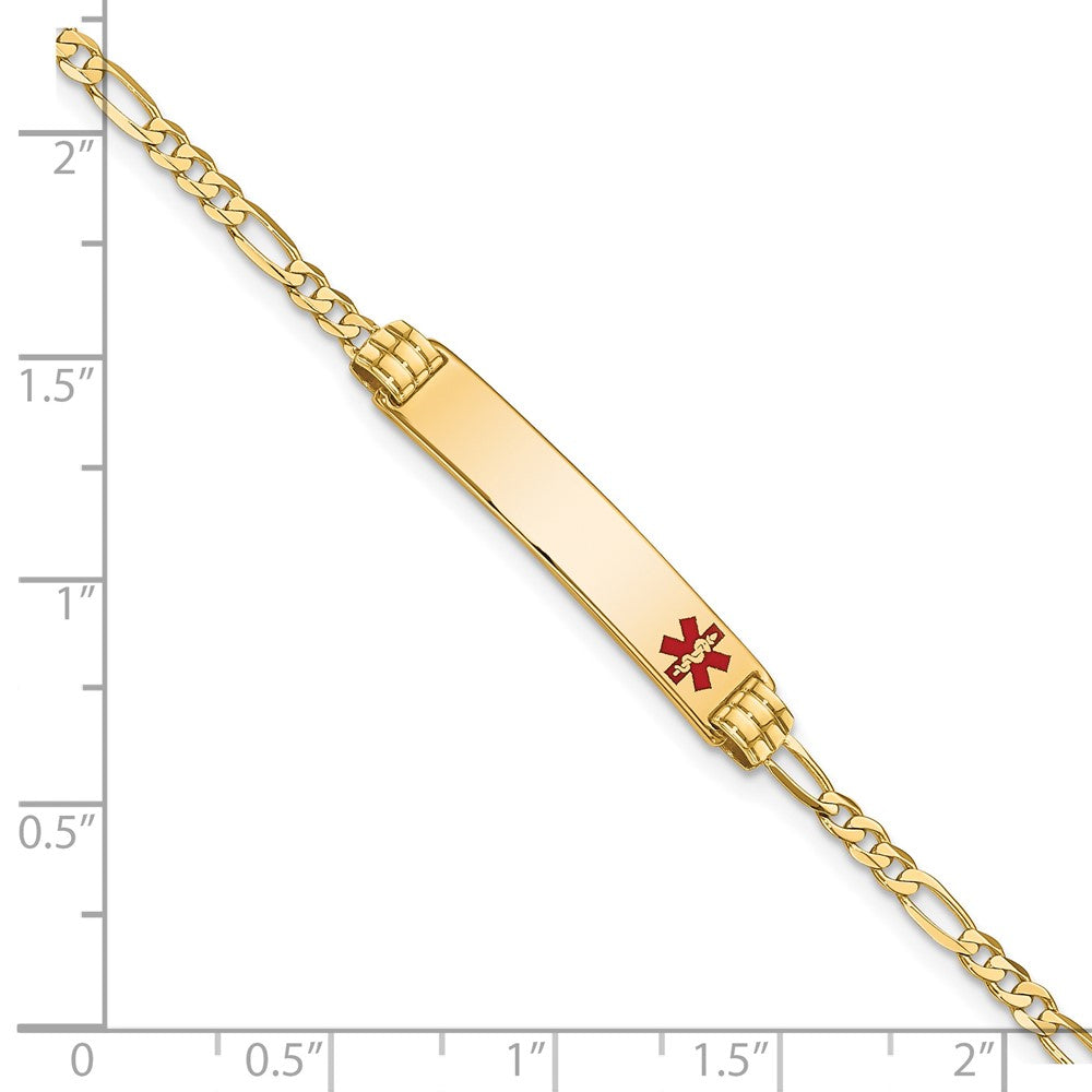 14K Medical Solid Chain/Solid Plate 26x5mm Off-Center Red Enamel Figaro Link 7 inch ID Bracelet